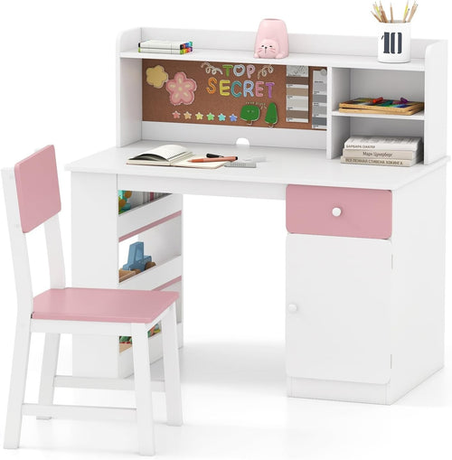 Kids Study Desk & Chair Set Wooden Children’s Table w/ Storage Shelf Pink White