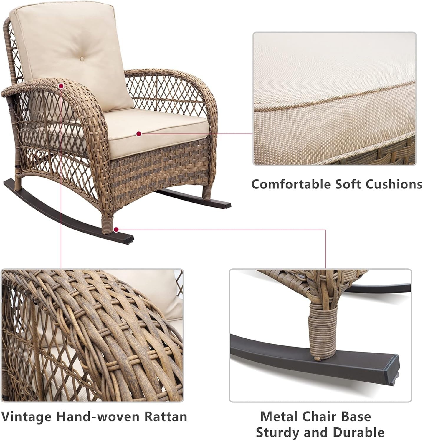 Outdoor Rattan Rocking Bistro Set 3-Piece Patio Chairs Glass Table