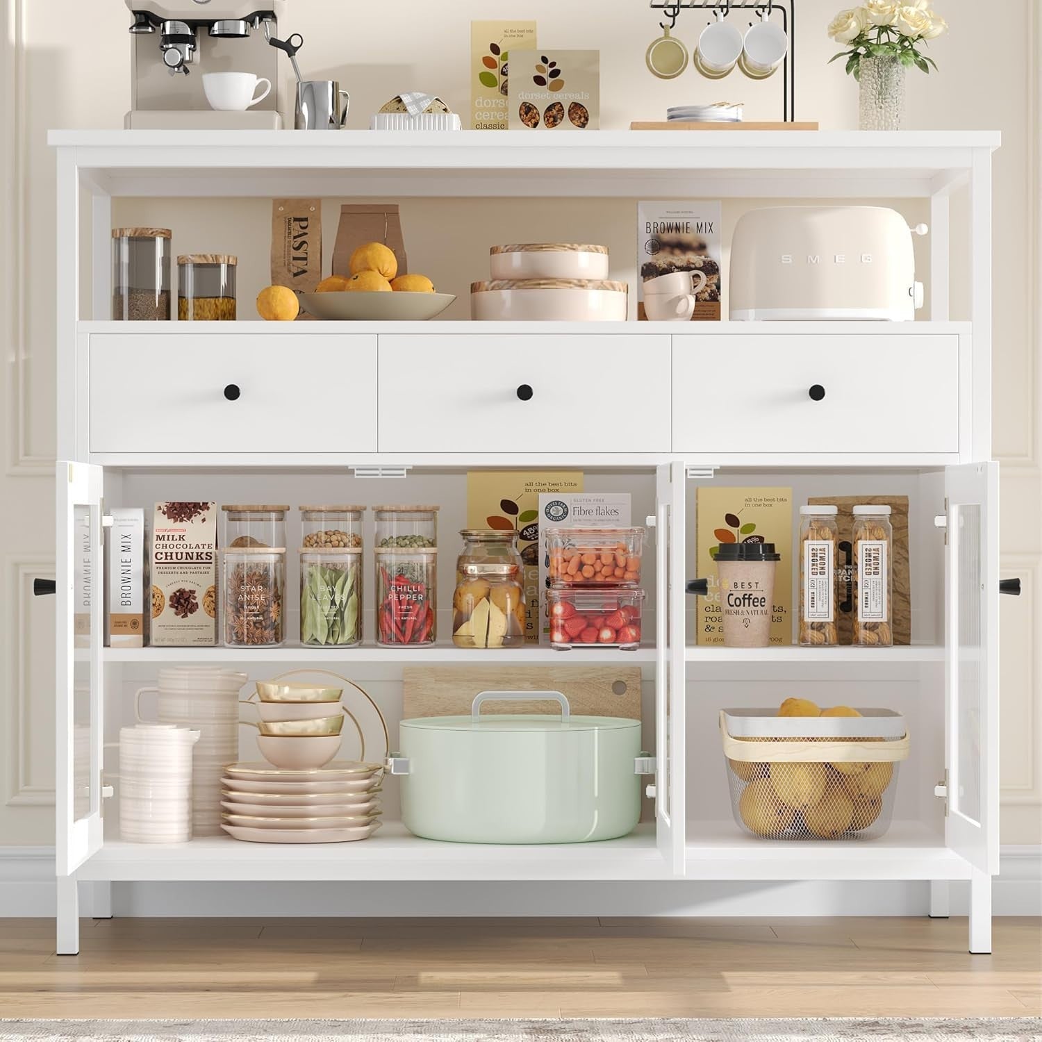 Modern White Sideboard Cabinet with Glass Doors 3 Drawers Adjustable Shelves