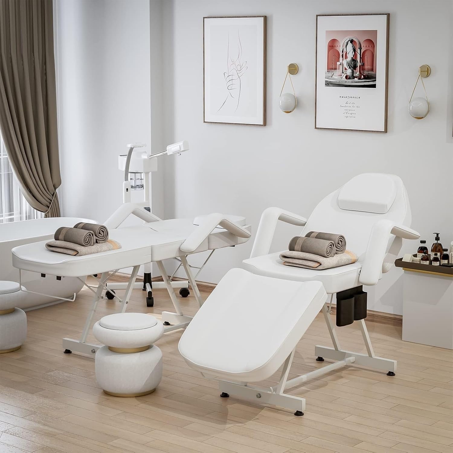 Adjustable 3-Section Beauty Massage Bed w/ Hydraulic Stool & Headrest White