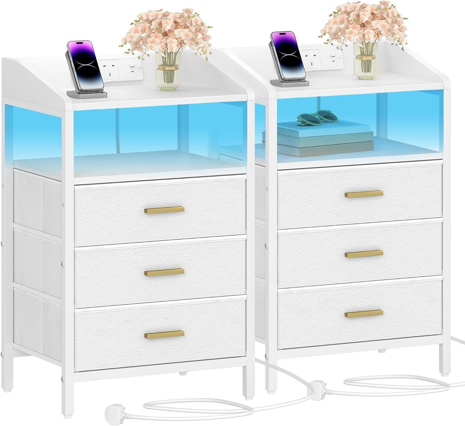 White LED Bedside Table with USB Ports & 3 Drawers