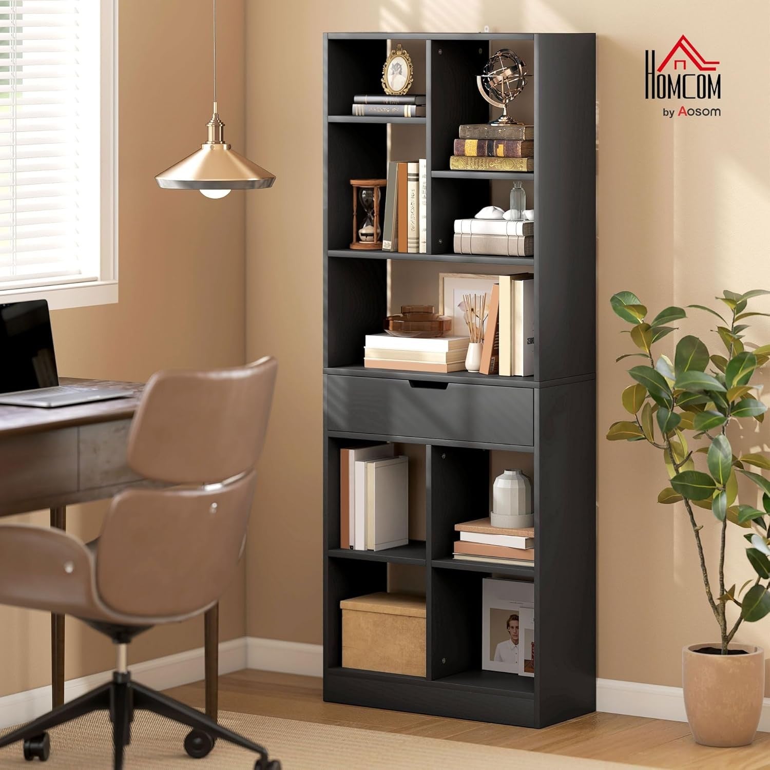 Tall Black Bookcase with Drawer & Open Shelves – Modern Freestanding Storage
