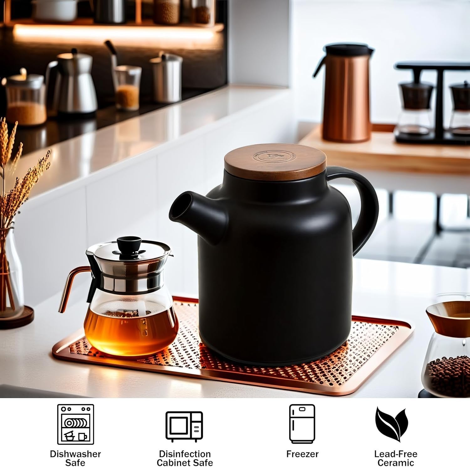Large Ceramic Teapot 1500ml Black with Infuser Wood Lid Loose Leaf Tea