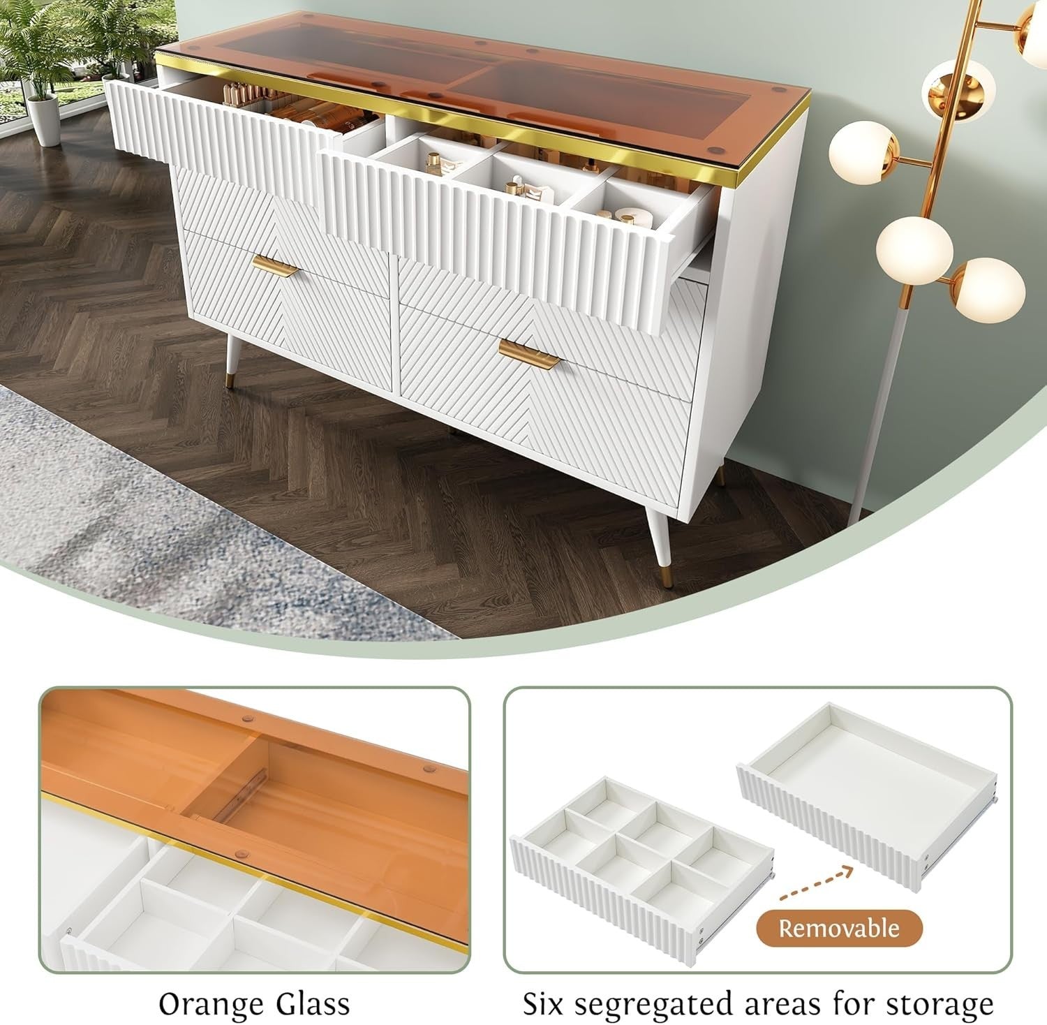 6 Drawer Chest of Drawers White Sideboard with Amber Glass Top Storage Unit