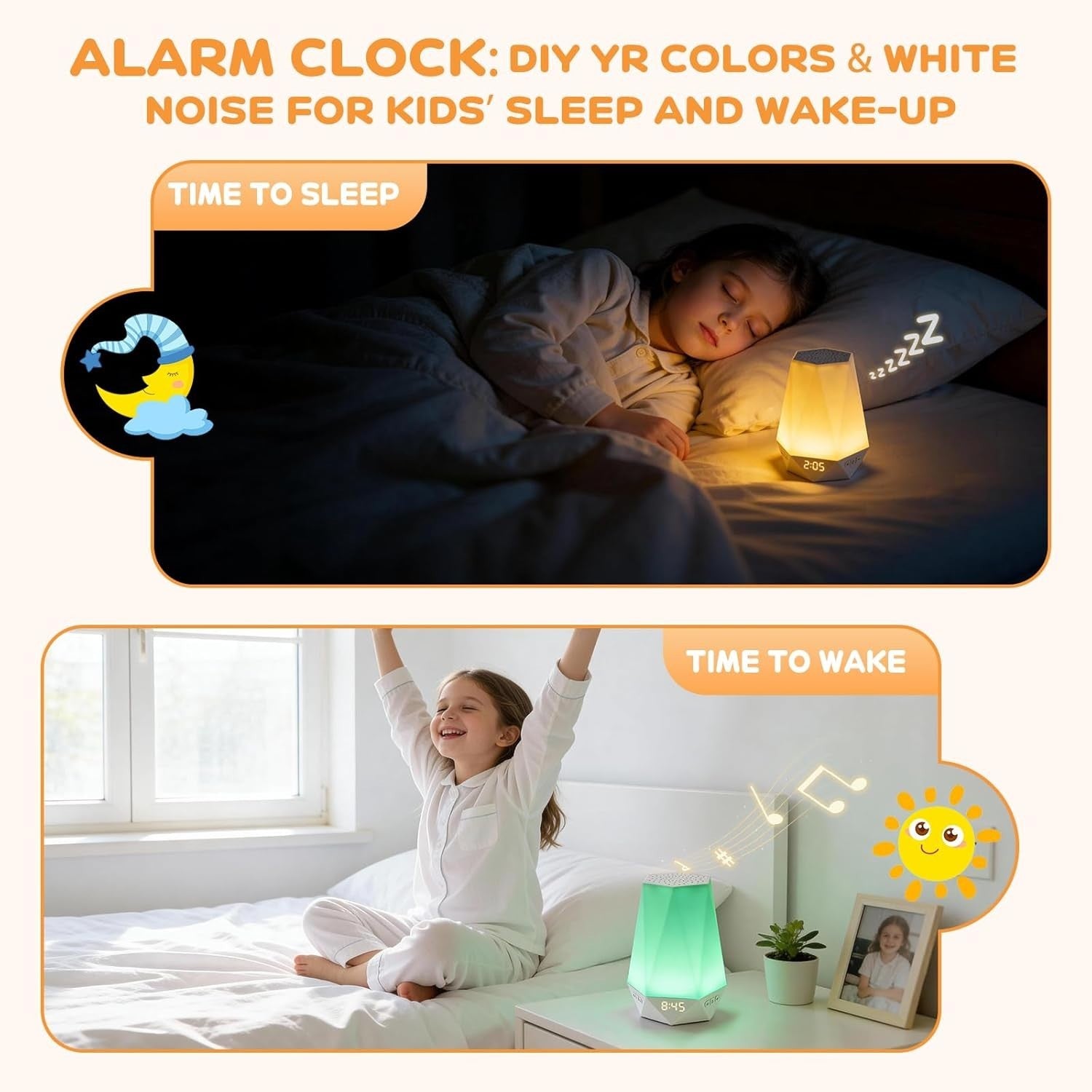 White Noise Sleep Trainer Clock for Kids & Adults with Night Light & App