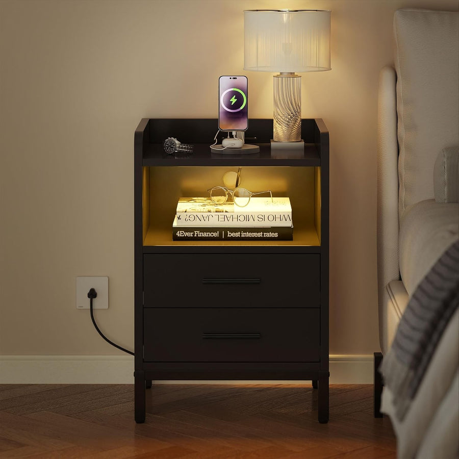 Modern LED Bedside Table with Charging Station, 2 Drawers, Storage Shelf