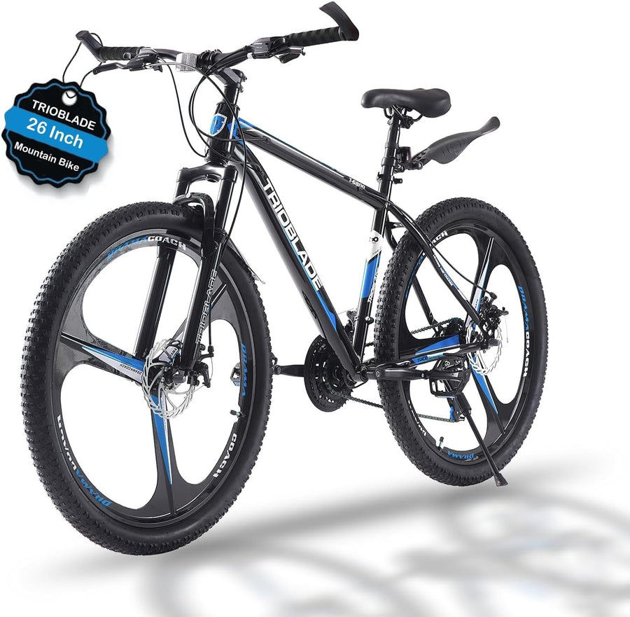 26" Black & Blue Mountain Bike 21-Speed Disc Brake Lightweight Adult Teen