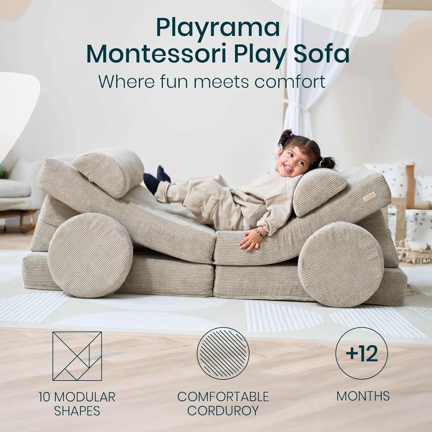 Modular Kids Play Sofa 10 Piece Corduroy Couch Toddler Sofa Bed Mushroom