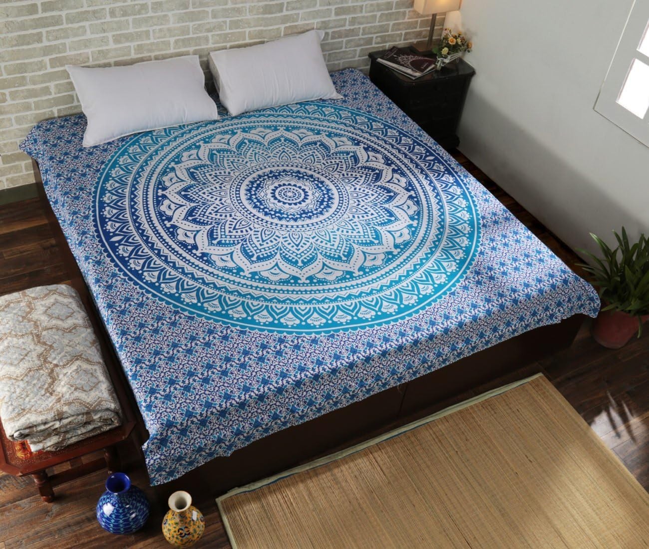 Blue Ombre Mandala Cotton Tapestry 213x230cm Boho Wall Decor
