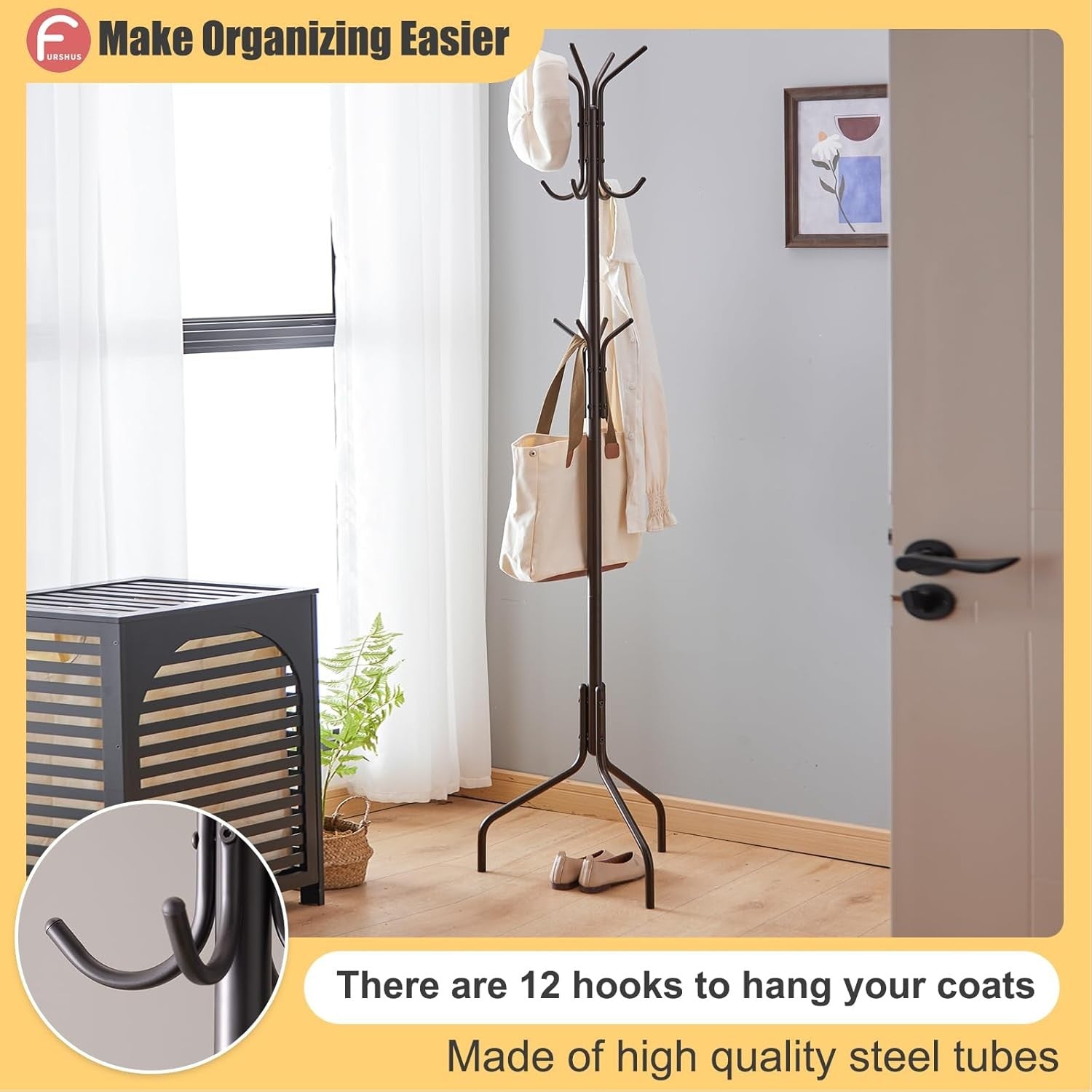 Freestanding Coat Rack with 12 Hooks | Brown Metal Hat & Scarf Stand