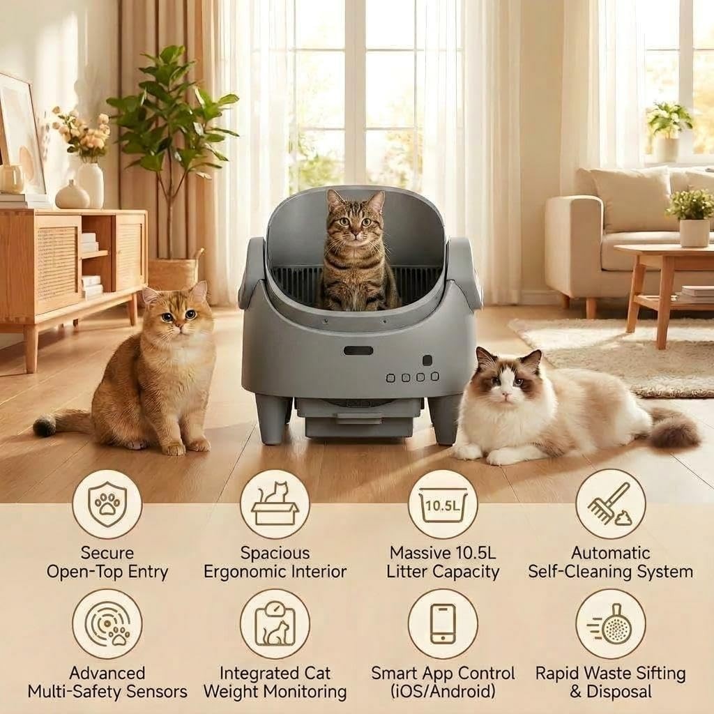 Self Cleaning Cat Litter Box APP Monitor Auto Open Top Grey XL