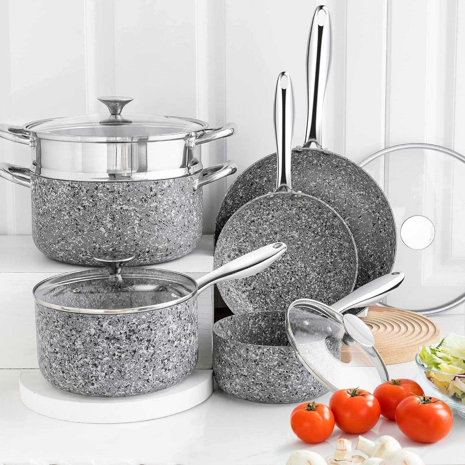 10Pcs Grey Granite Non Stick Cookware Set with Lids Induction Safe Pack Size