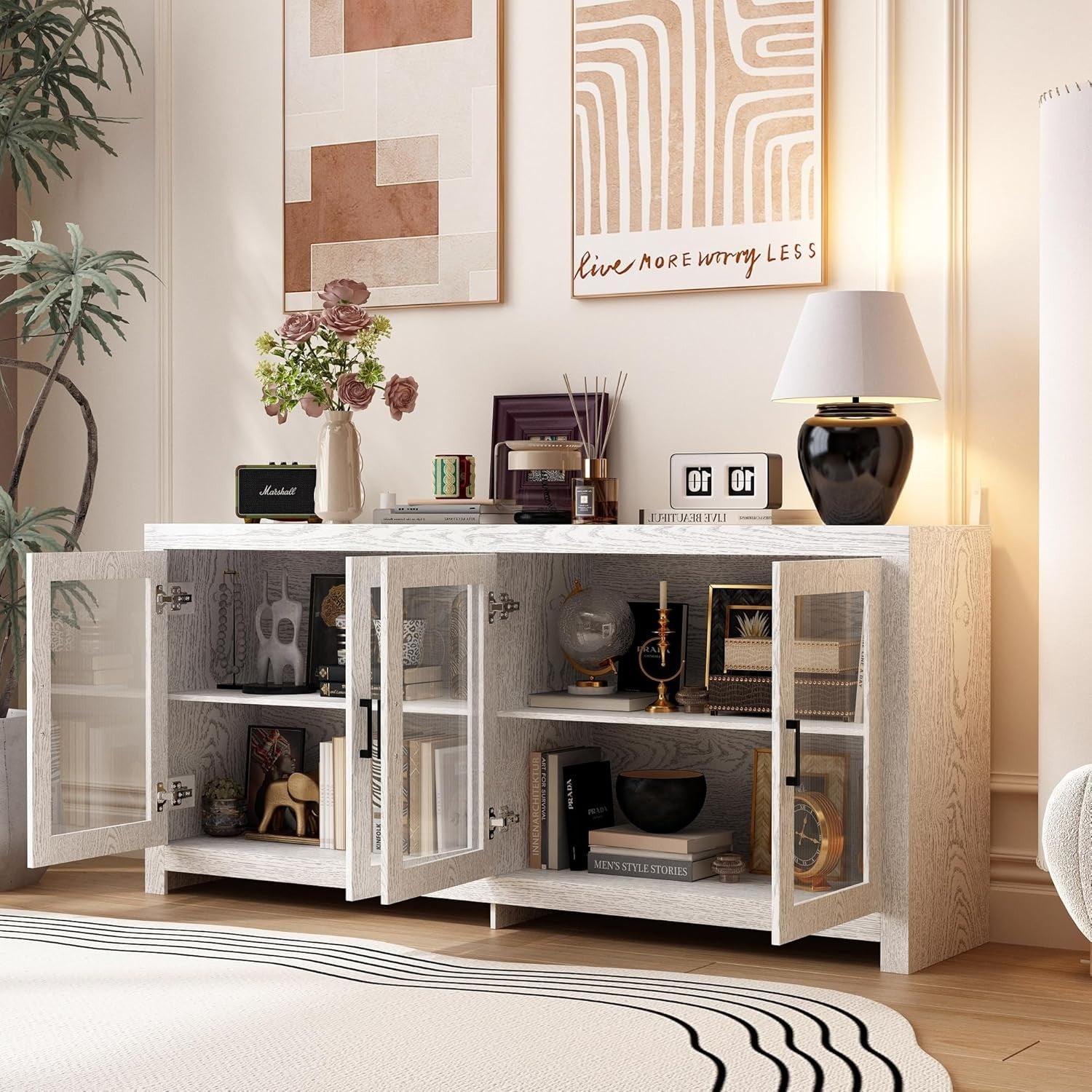 Modern White Sideboard Buffet Cabinet 4 Door Glass Storage Unit 180cm
