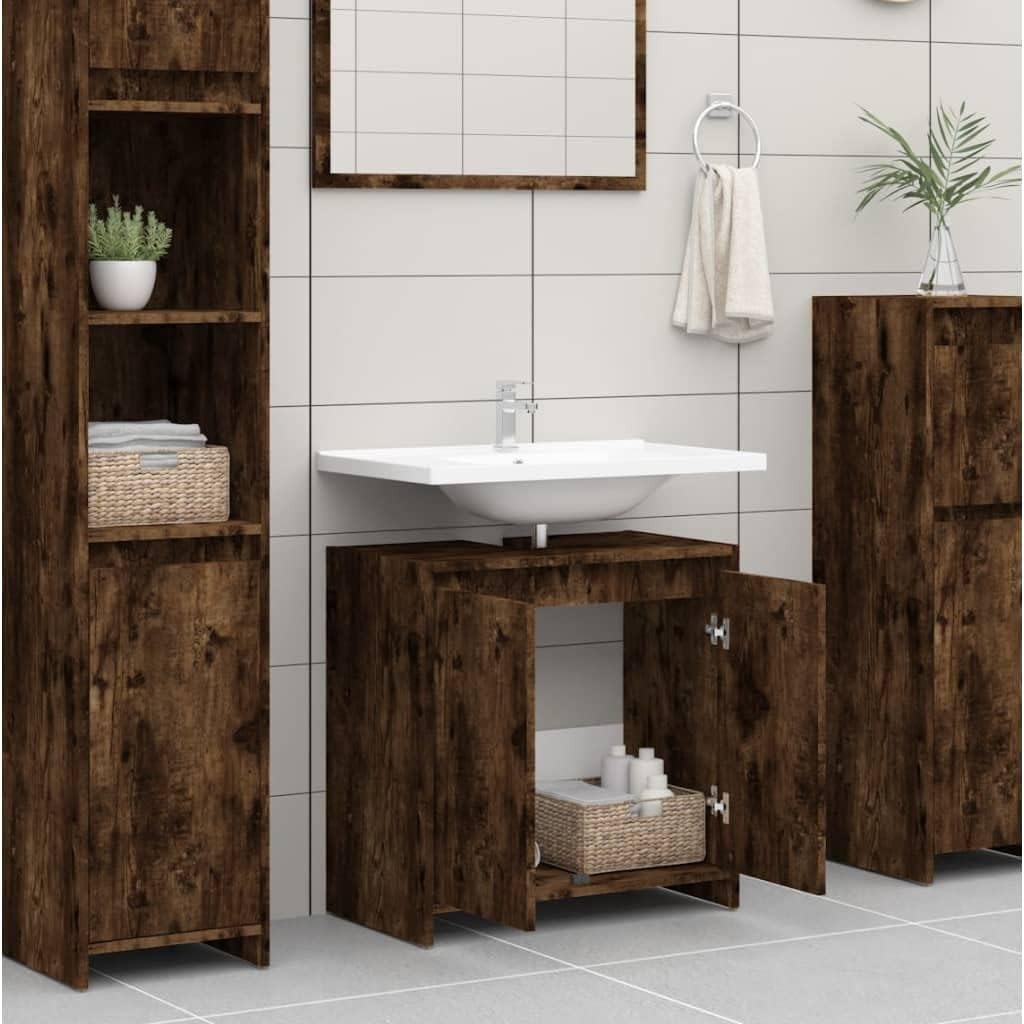 Rustic Oak Bathroom Sink Cabinet – 2 Door Under Sink Storage Unit 60x61cm