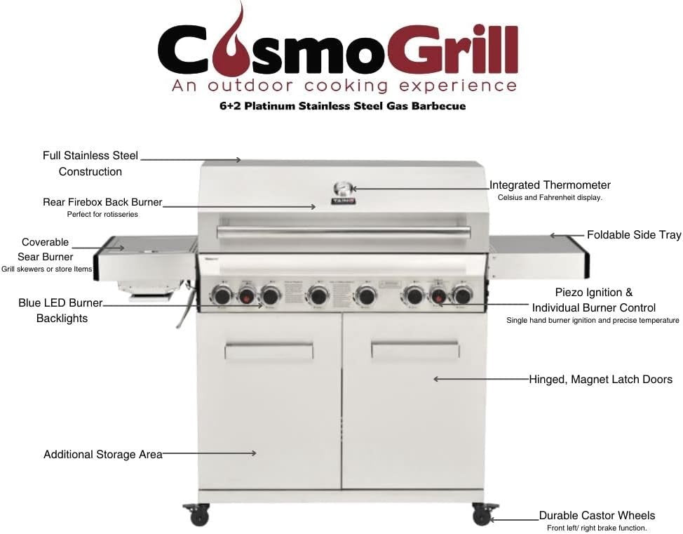 8 Burner Stainless Steel Gas BBQ Grill with Side Burner & Cover Outdoor