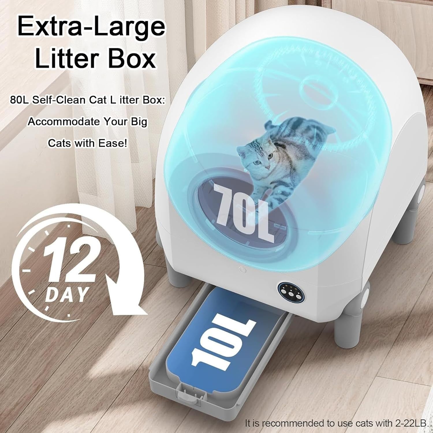 Smart Self Cleaning Cat Litter Box APP Control 70L Multi Cat XL