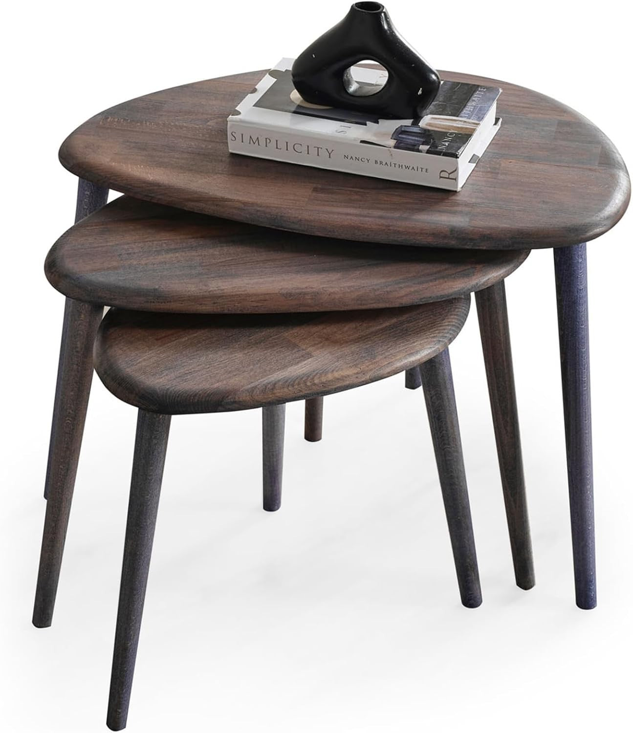 Mid-Century Modern Wood Nesting Coffee Table Set 3 Anthracite Oval Side End