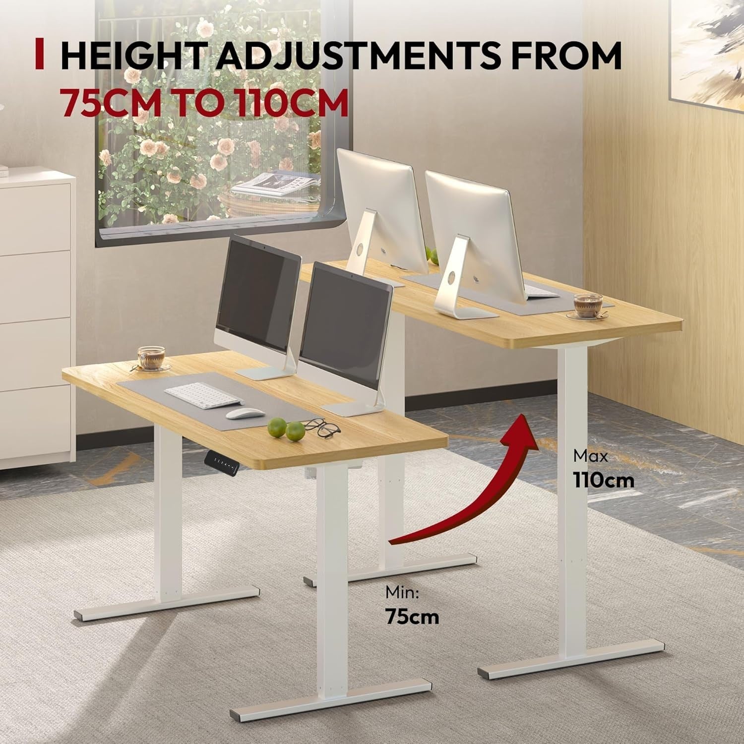 White Electric Standing Desk 120x60cm with Memory Control & Maple Top