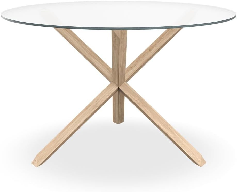 120cm Round Glass Dining Table with Solid Oak Legs Modern 4–6 Seater Table