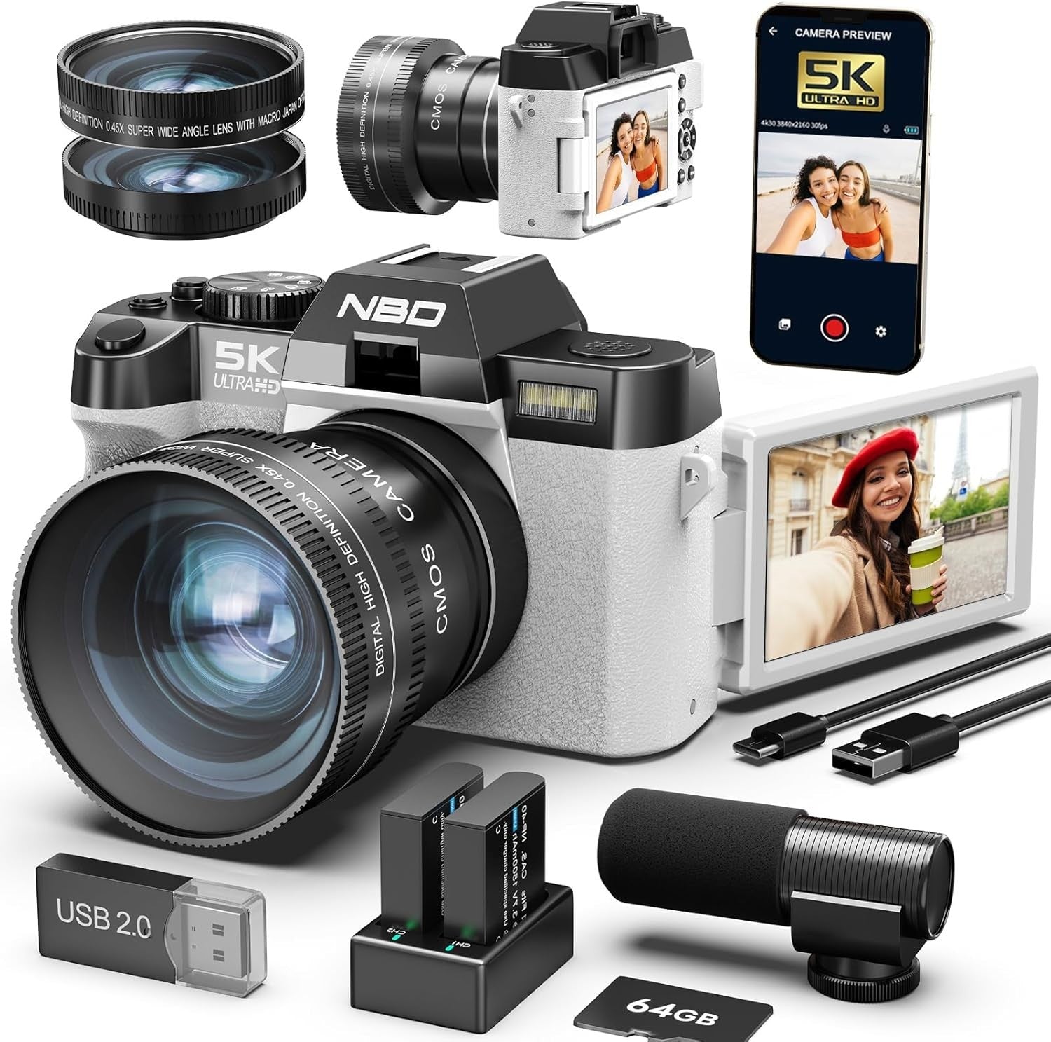 5K 64MP Digital Camera WiFi Flip Screen Vlogging Camera 64GB White