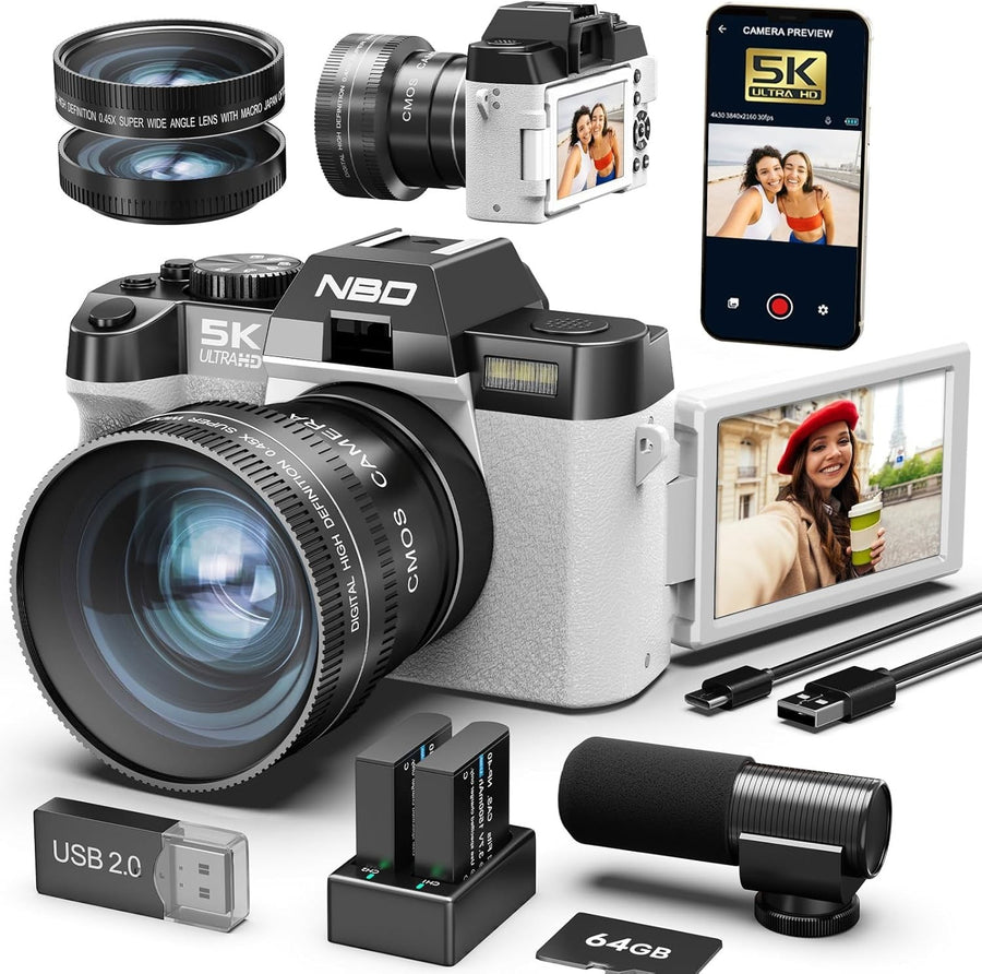 5K 64MP Digital Camera WiFi Flip Screen Vlogging Camera 64GB White