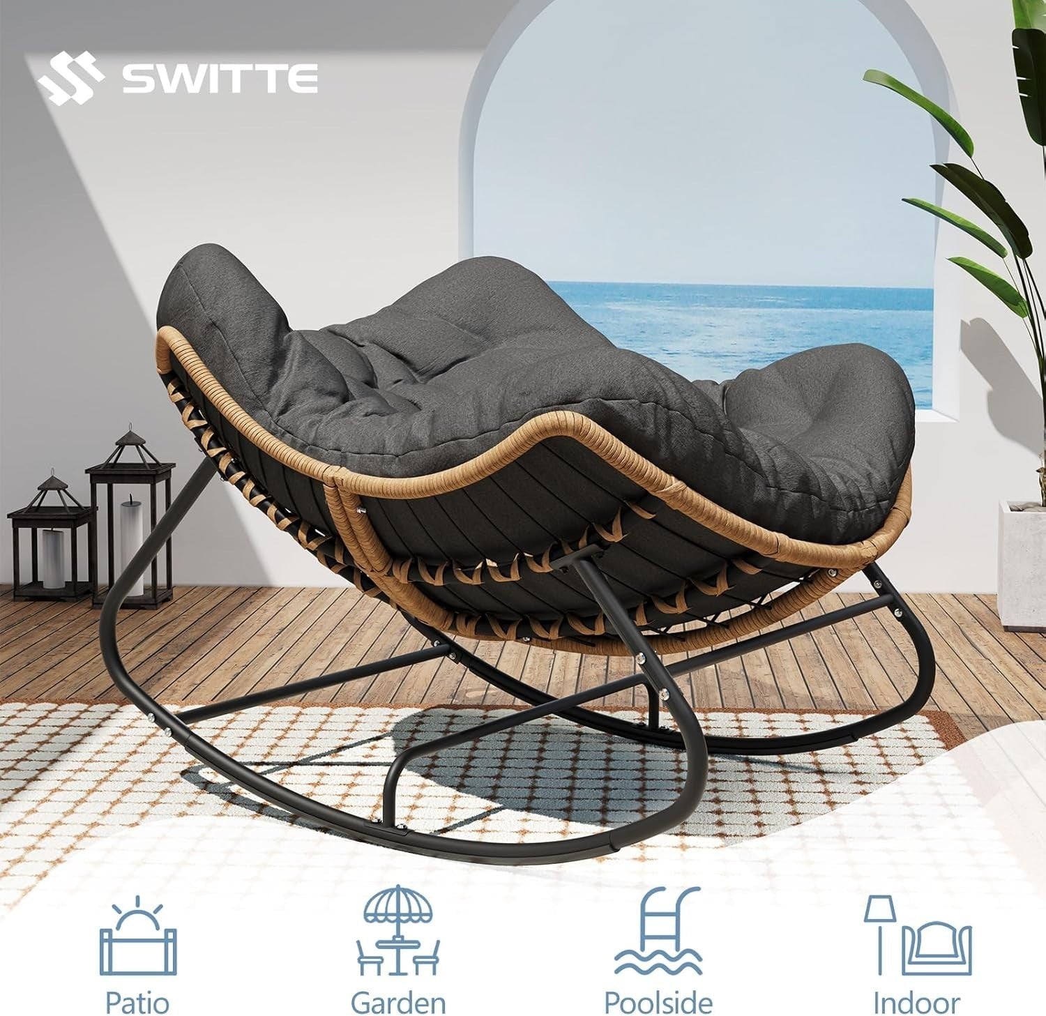 Outdoor Egg Rocking Chair with Cushion, Modern Patio Lounge Chair, Large & Durab