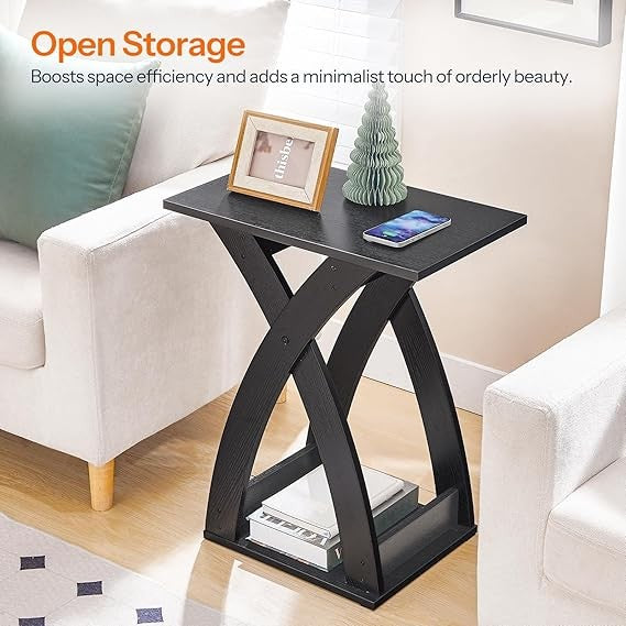 Modern Narrow Side Table, Slim X-Design Sofa Table with Storage Shelf