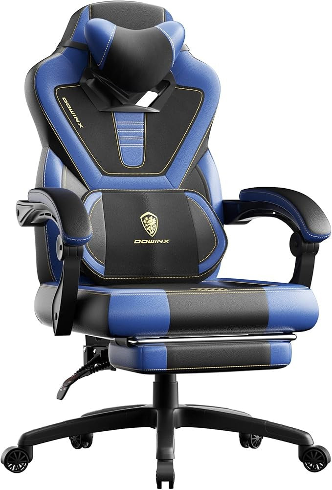 Dowinx Gaming Chair w/ Footrest Heavy Duty Black Blue PU