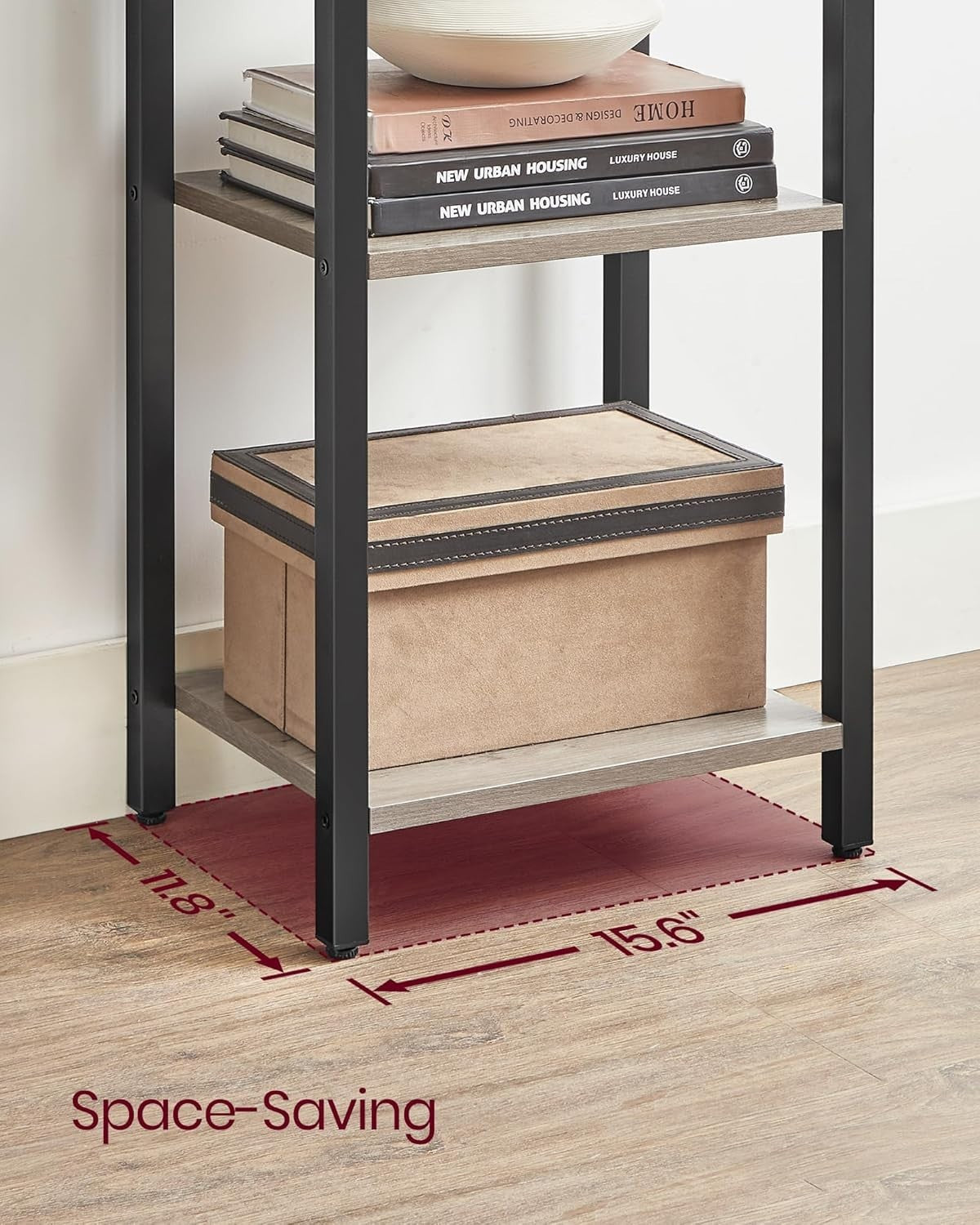 5-Tier Heather Greige Industrial Bookcase – Tall Narrow Storage Shelf Unit