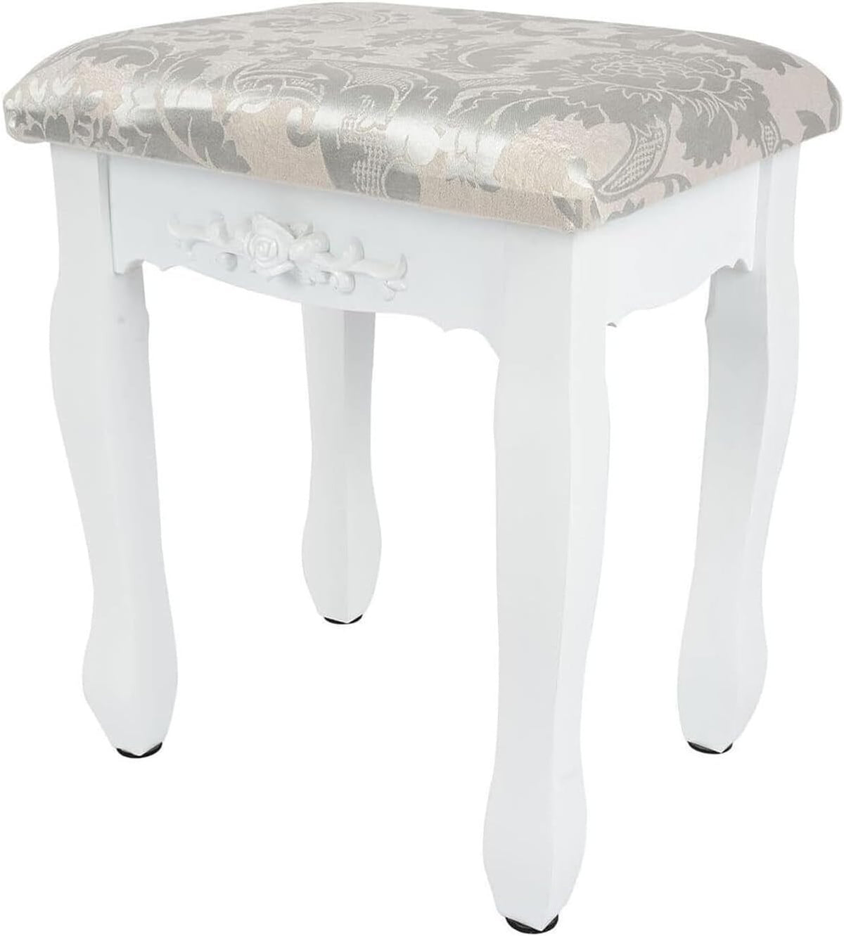 White Baroque Vanity Stool with Rubberwood Legs – Elegant Dressing Chair
