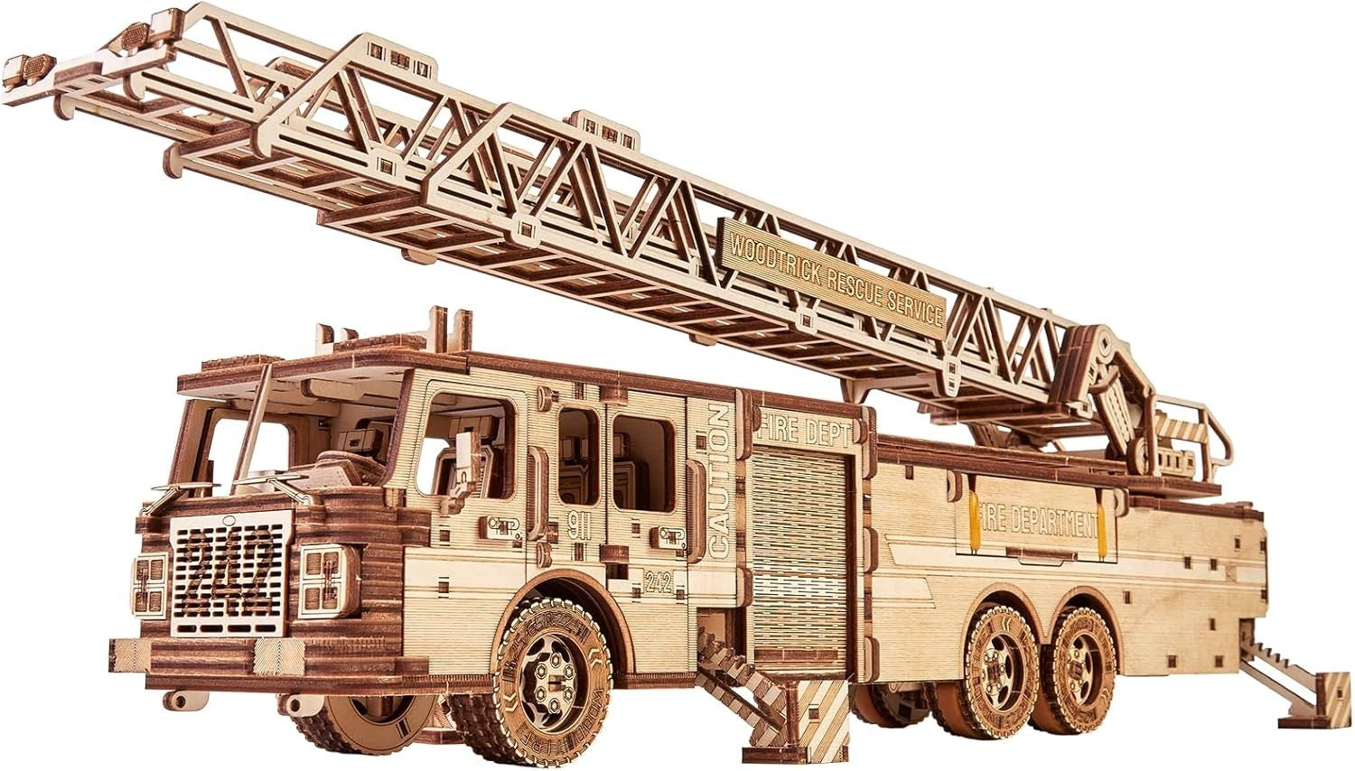 3D Wooden Firetruck Puzzle Model Kit with Extendable Ladder, Mechanical