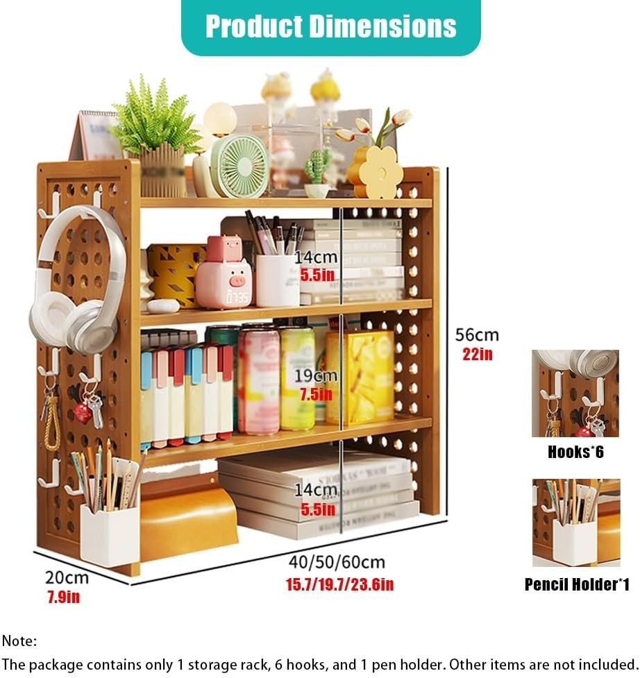 3-Tier Desktop Bookshelf Organizer w/ Pegboard | Bamboo Desk Hutch 50×20×56cm