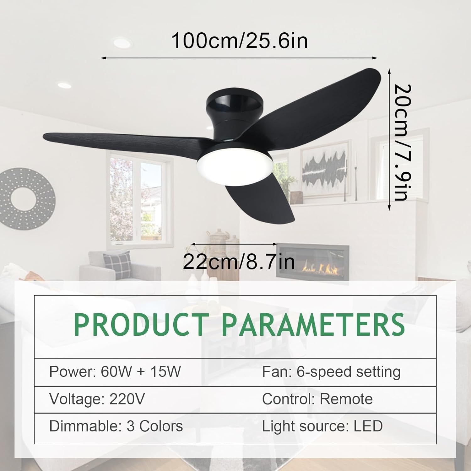 Lrenjon 100CM Ceiling Fan Light, 6-Speed Silent LED – Black Finish