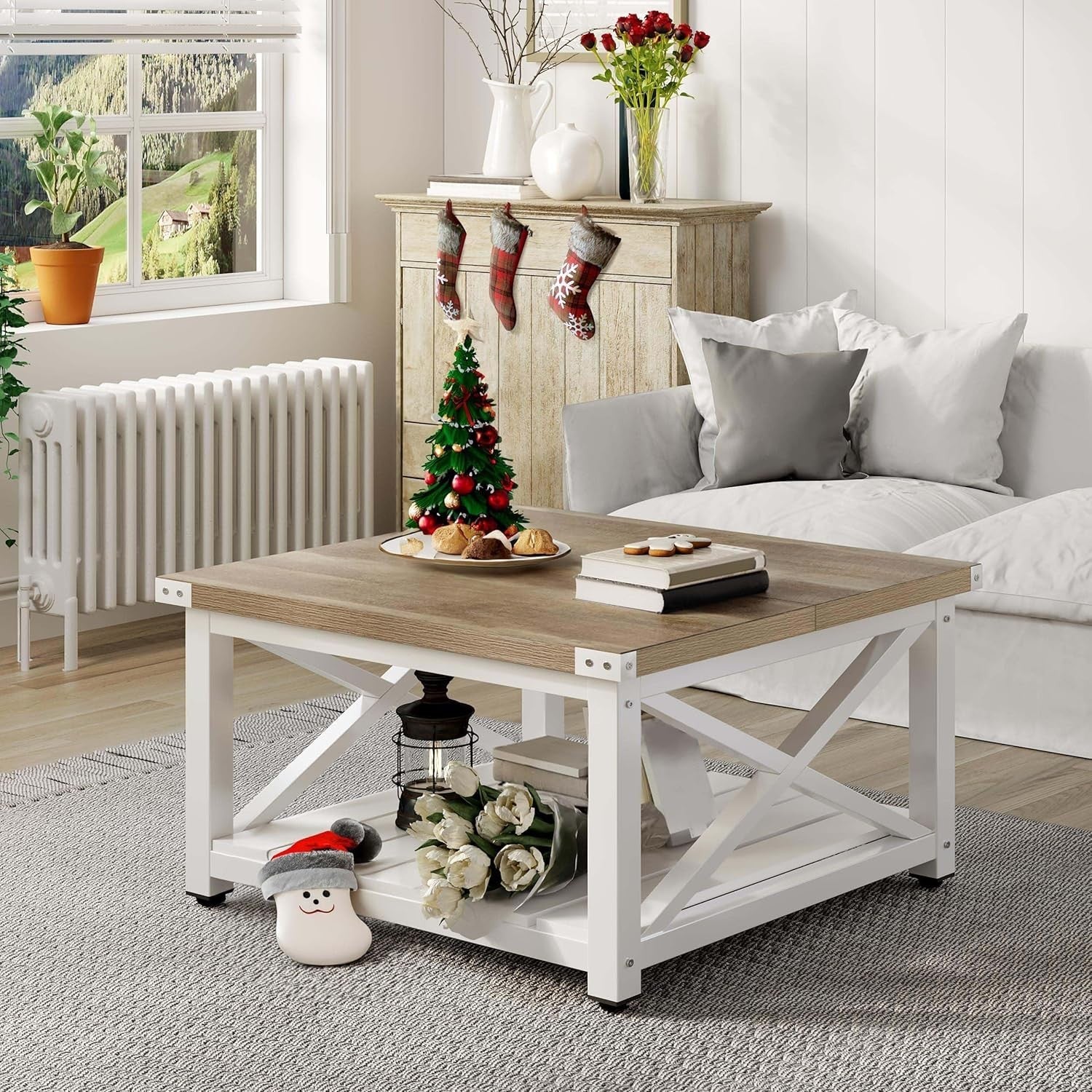 Rustic Grey Square Coffee Table 80cm Farmhouse Wood Storage Living Room