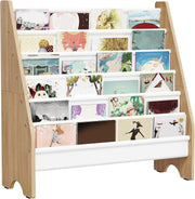 6 Tier Kids Bookshelf White Natural Sling Book Organizer Large Capacity
