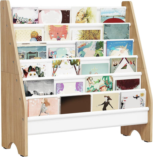 6 Tier Kids Bookshelf White Natural Sling Book Organizer Large Capacity