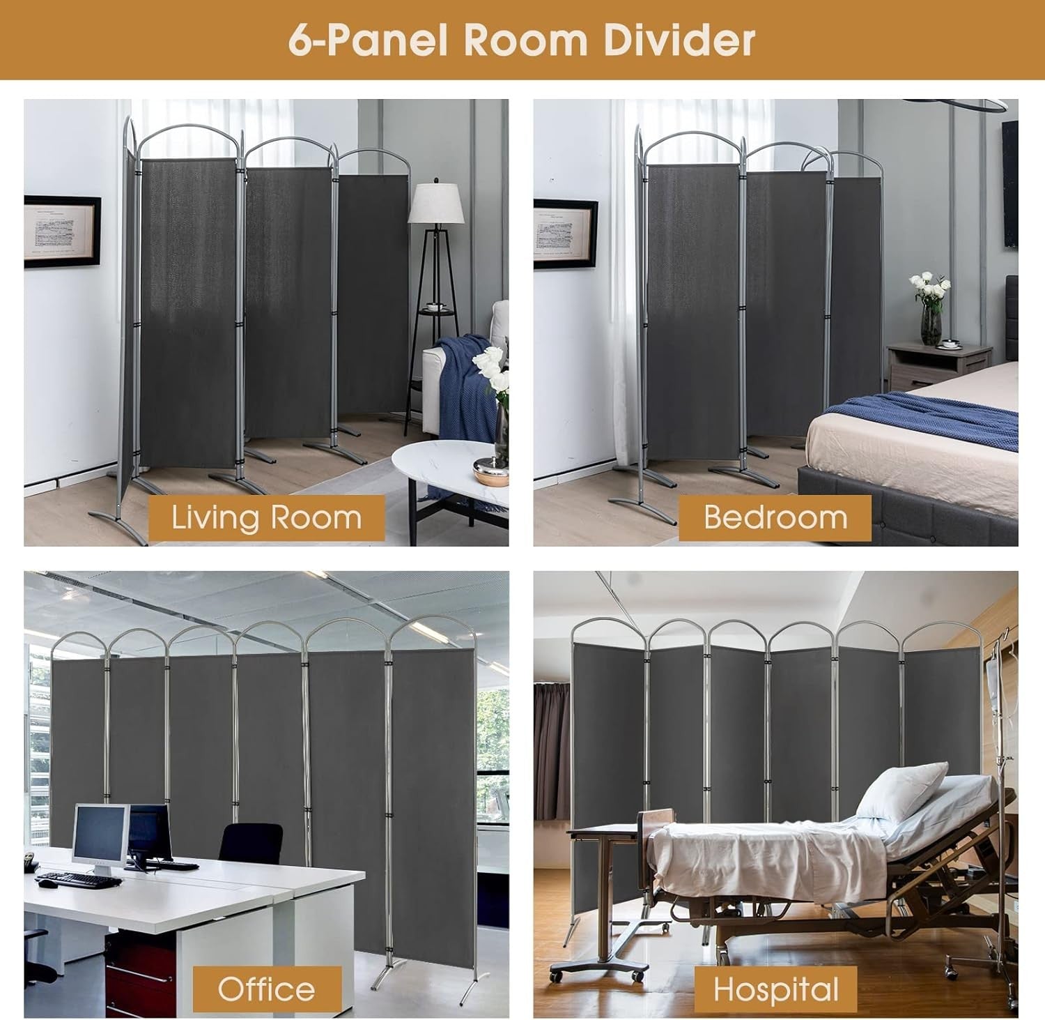6 Panel Grey Folding Room Divider Freestanding Privacy Screen Partition 331x188c