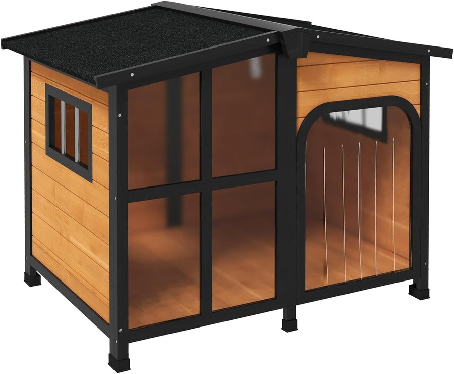 Large Wooden Outdoor Dog Kennel with Roof, Windows & Removable Floor
