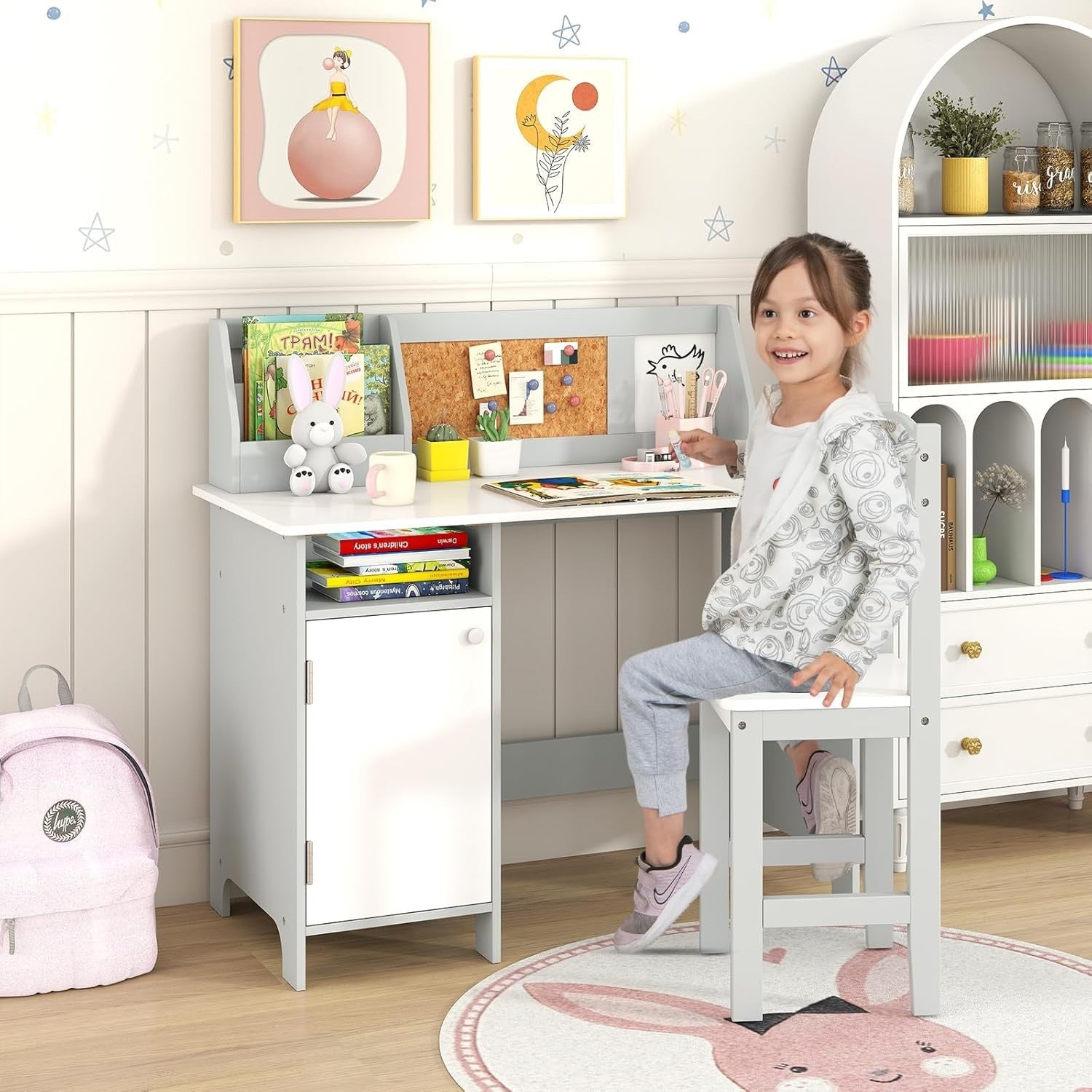 Kids Study Desk & Chair Set with Storage, Cork Board, Ergonomic Comfort