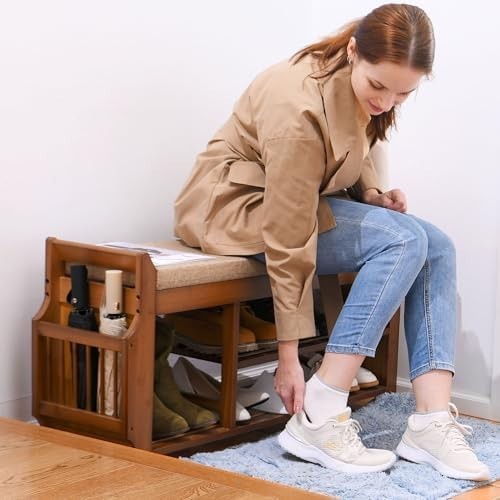 Bamboo Shoe Storage Bench 2 Tier with Cushion Drawer Side Holder Brown 39inch