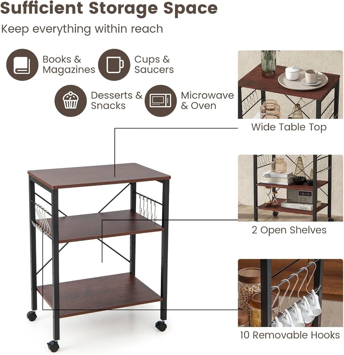 Kitchen Bakers Rack Rolling Cart Microwave Stand 3 Shelves Wheels
