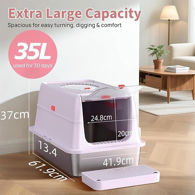 XXL Stainless Steel Cat Litter Tray Covered High Sides Anti Leak Box