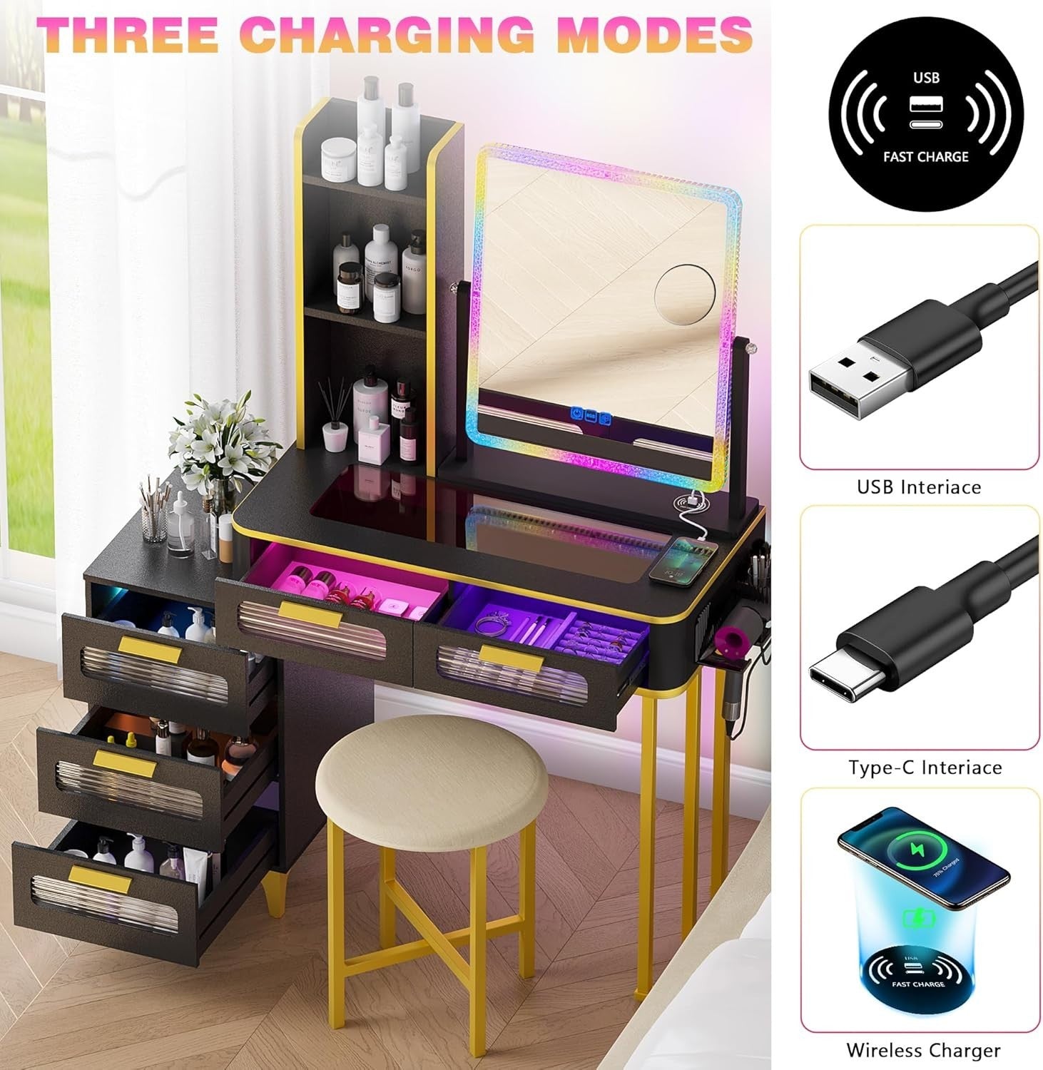 White Vanity Dressing Table Set 3 Mode LED Mirror Charging Station 5 Drawers Sto