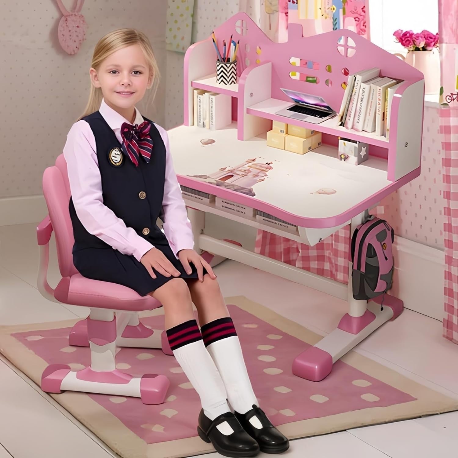 Adjustable Kids Desk & Chair Set with Drawer, Castle Backboard, Ergonomic Pink