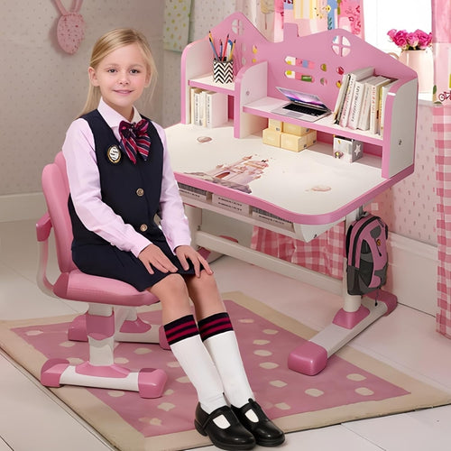 Adjustable Kids Desk & Chair Set with Drawer, Castle Backboard, Ergonomic Pink