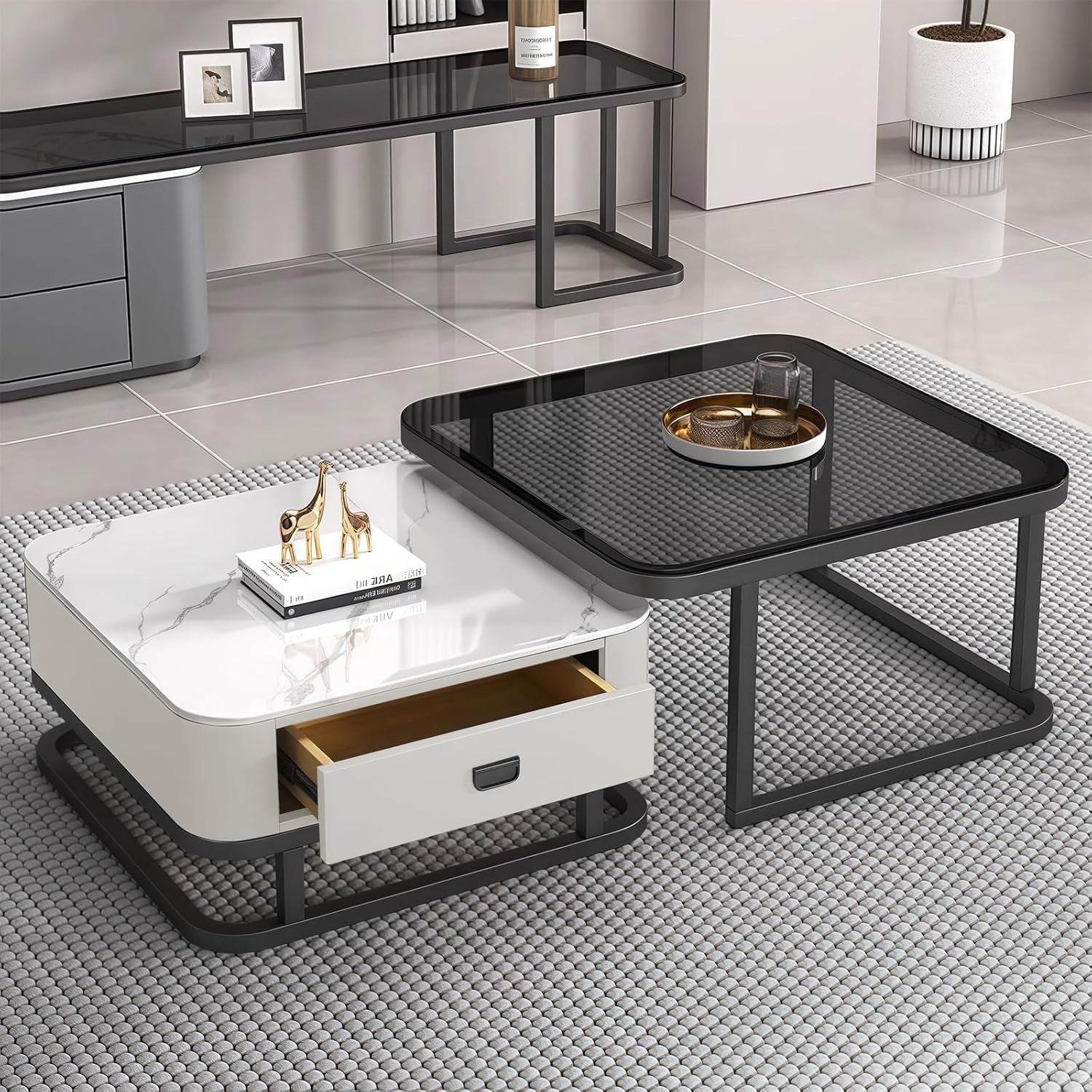 2-in-1 Nesting Coffee Table Set w/ Storage Drawer, Marble & Glass Top, Space.