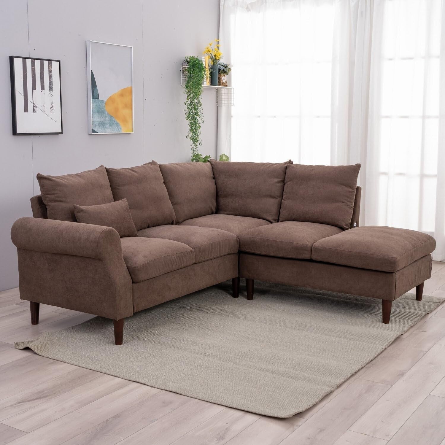 5 Seater Corner Sofa w/ Chaise & USB Charging Port – Brown Linen, Left Arm