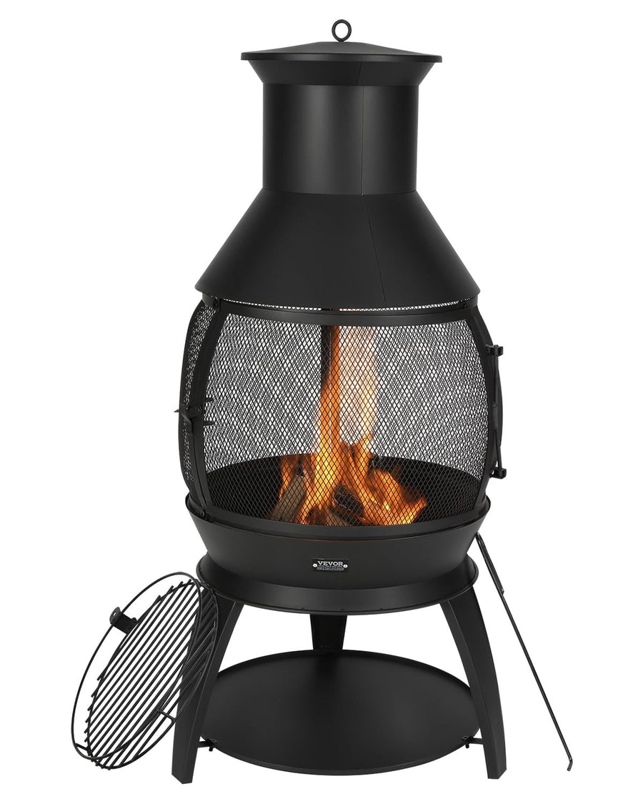 Outdoor Wood Burning Chiminea Fire Pit with Grill Mesh & Chimney Patio Heater