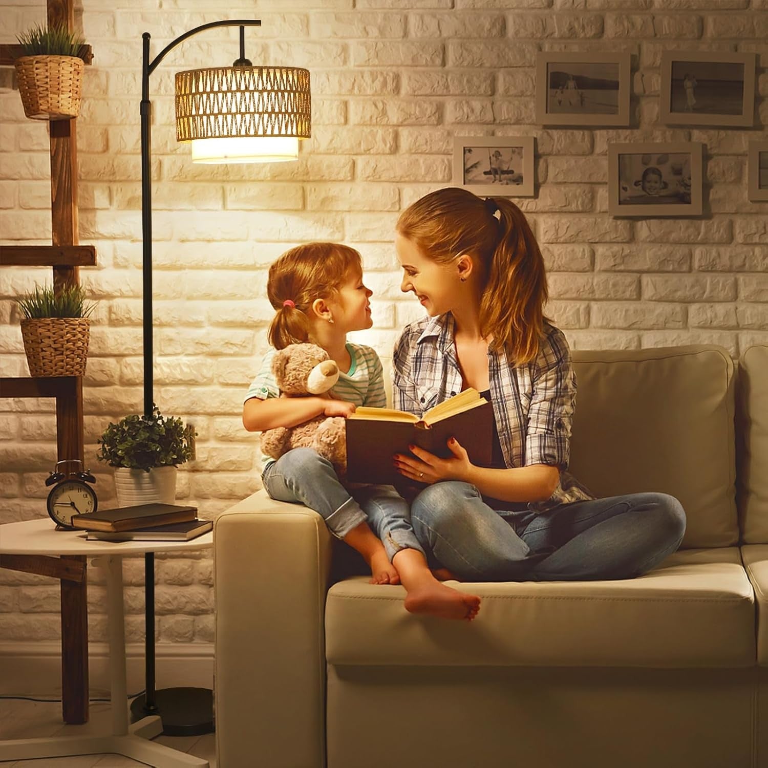 Arc Floor Lamp Remote Control Dimmable Boho Rattan Linen Shade Reading Light