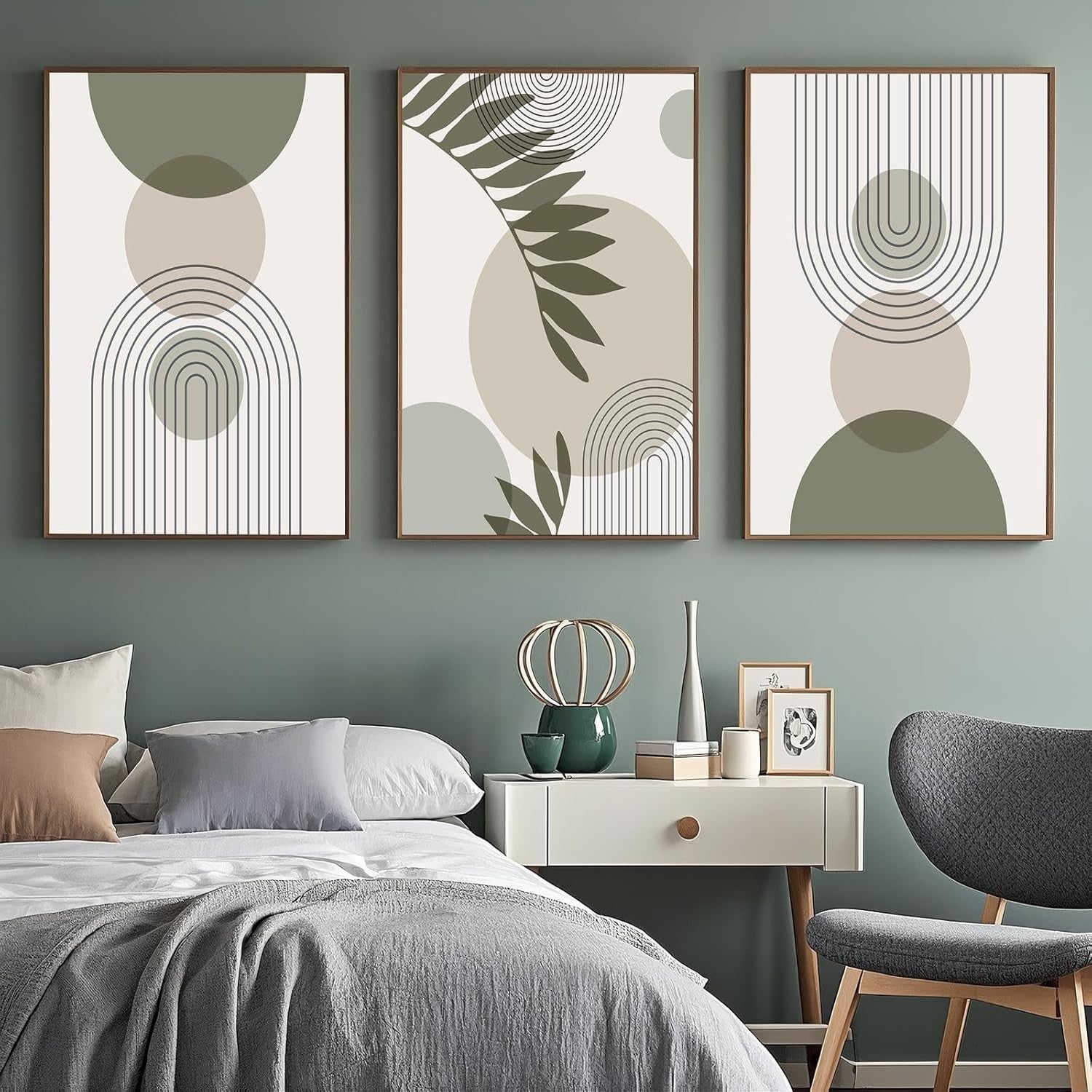Sage Green Canvas Wall Art Set of 3 Boho Abstract Prints 60x90cm Unframed